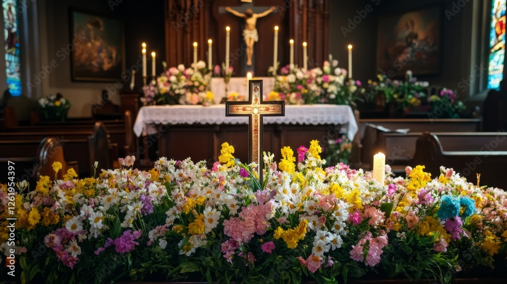 Fototapeta premium Easter Altar Adorned with Flowers and Cross in Serene Church Setting
