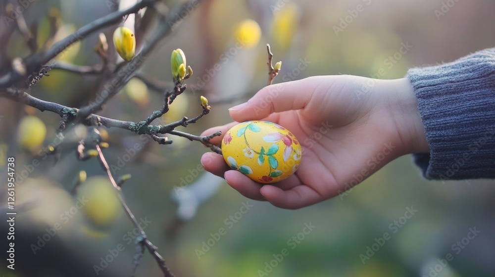 Close Up of Hand Placing Easter Egg on Tree Branch Outdoors Close Up of Hand Placing Easter Egg on Tree Branch Outdoors