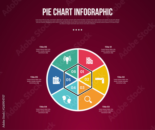 pie chart base template infographic with hexagon base shape with 6 point dark background style for slide presentation