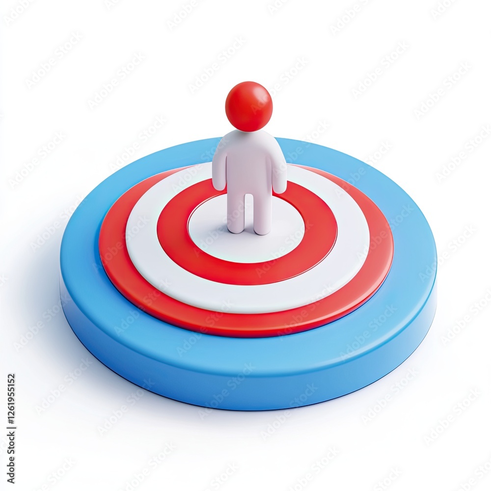 Tiny figure centered on a target, on a multi-layered pedestal, isolated white background Tiny figure centered on a target, on a multi-layered pedestal, isolated white background