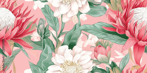 Pink Floral Seamless Vector Pattern with Waratah and Orchid Flowers, Art Nouveau Style, Soft Pastel Aesthetic for Elegant Design