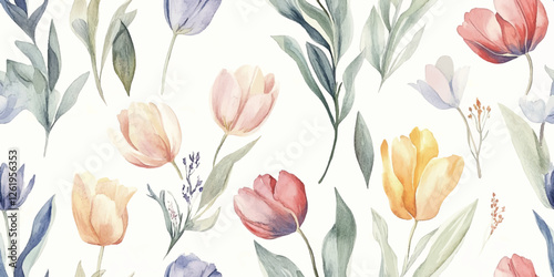 Watercolor floral vector pattern tile featuring flowers tulips and leaves on white, Traditional hand painted whimsical seamless print with an abstract design
