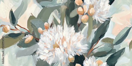 Abstract blooming peach branches seamless vector pattern with leaves, textured gouache paint strokes in peach and gray tones