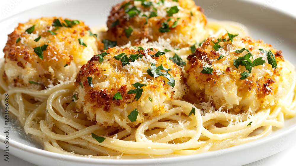 Elegant Gourmet Linguine Pasta Dish with Crispy Bites and Fresh Herbs Served on White Plate Elegant Gourmet Linguine Pasta Dish with Crispy Bites and Fresh Herbs Served on White Plate