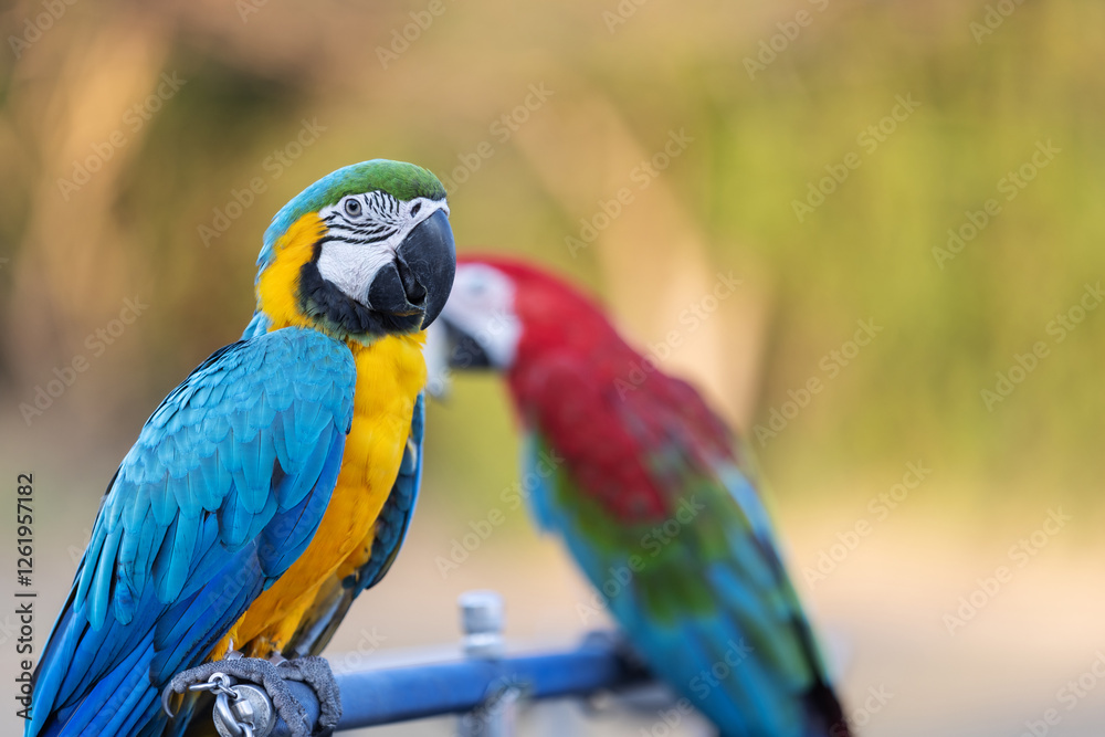 A vibrant blue-and-yellow macaw perches on a metal stand, showcasing its striking plumage. A vibrant blue-and-yellow macaw perches on a metal stand, showcasing its striking plumage.