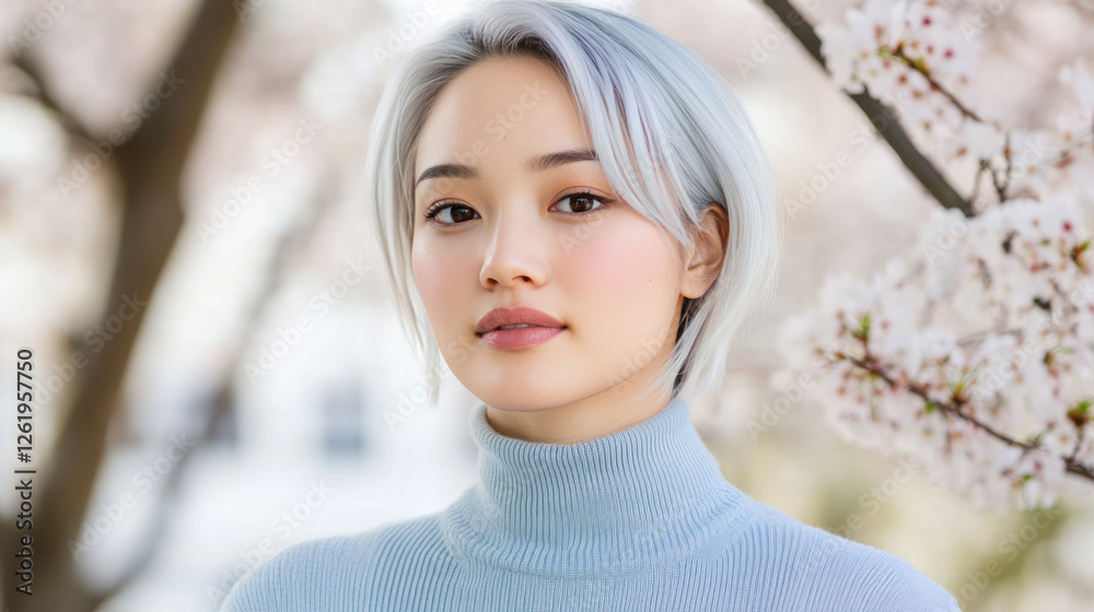 Colorful hair woman in blue ribbed necks enjoy fresh air in park with cherry blossom Colorful hair woman in blue ribbed necks enjoy fresh air in park with cherry blossom