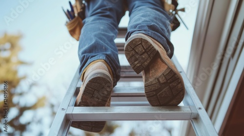 Close up of A worker climbing on a ladder, wearing work boots and a tool belt while working on the exterior of a house, Concept of a construction or home repair service company.