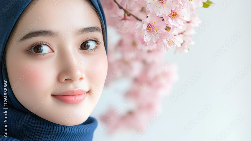 Malay Woman in blue ribbed necks enjoy fresh air in park with cherry blossom Malay Woman in blue ribbed necks enjoy fresh air in park with cherry blossom