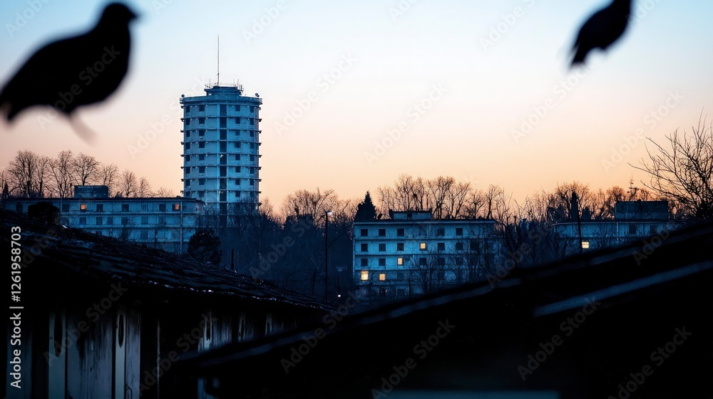 Naklejka premium Silhouetted Birds Against City Skyline at Sunset