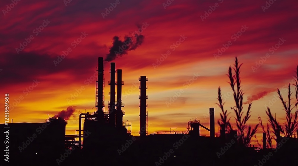 Silhouette of Industrial Structures Against Fiery Sunset Silhouette of Industrial Structures Against Fiery Sunset