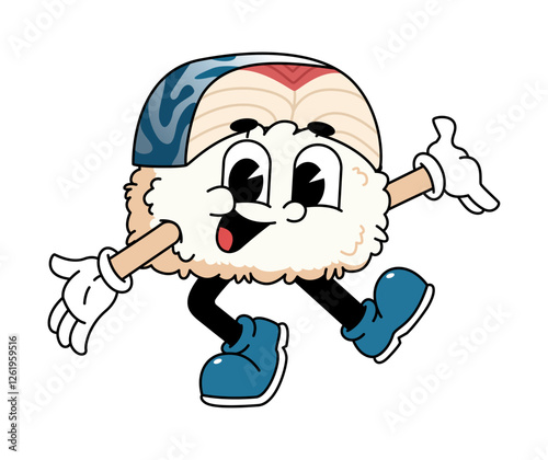 Retro sushi mascot logo, mackerel sushi welcome pose