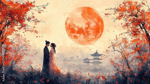 Embracing Tradition and Joy: Celebrating the Mid-Autumn Festival Romantic Couple Under Orange Full Moon in Autumn Landscape