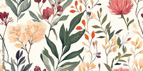 Australian flowers vector seamless repeating pattern of eucalyptus, proteas wattles leaves on a white background, Botanical print with soft pastel colors