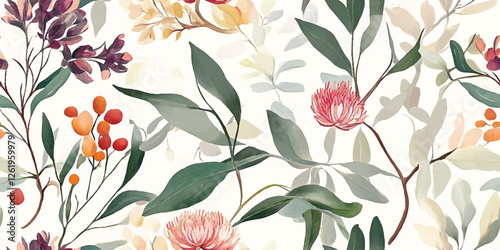 Australian flowers vector seamless repeating pattern of eucalyptus, proteas wattles leaves on a white background, Botanical print with soft pastel colors