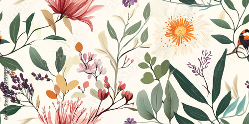 Australian flowers vector seamless repeating pattern of eucalyptus, proteas wattles leaves on a white background, Botanical print with soft pastel colors