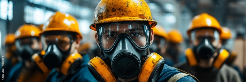 Naklejka premium Workers wearing safety gear receiving training on respiratory protection. Wearing respirators, safety glasses, hard hats, Training session on respirator fit testing.