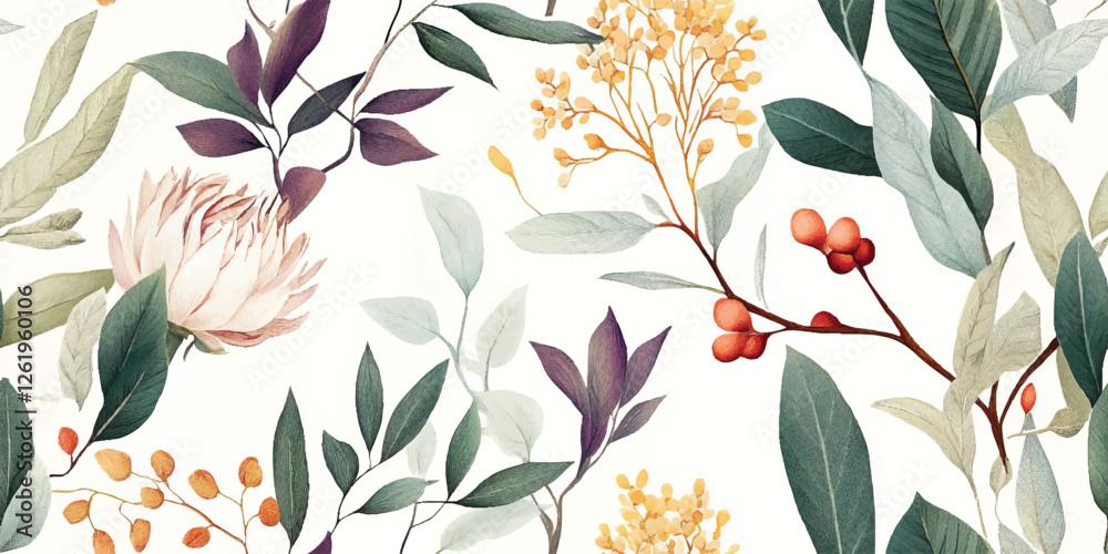 Australian flowers vector seamless repeating pattern of eucalyptus, proteas wattles leaves on a white background, Botanical print with soft pastel colors Australian flowers vector seamless repeating pattern of eucalyptus, proteas wattles leaves on a white background, Botanical print with soft pastel colors