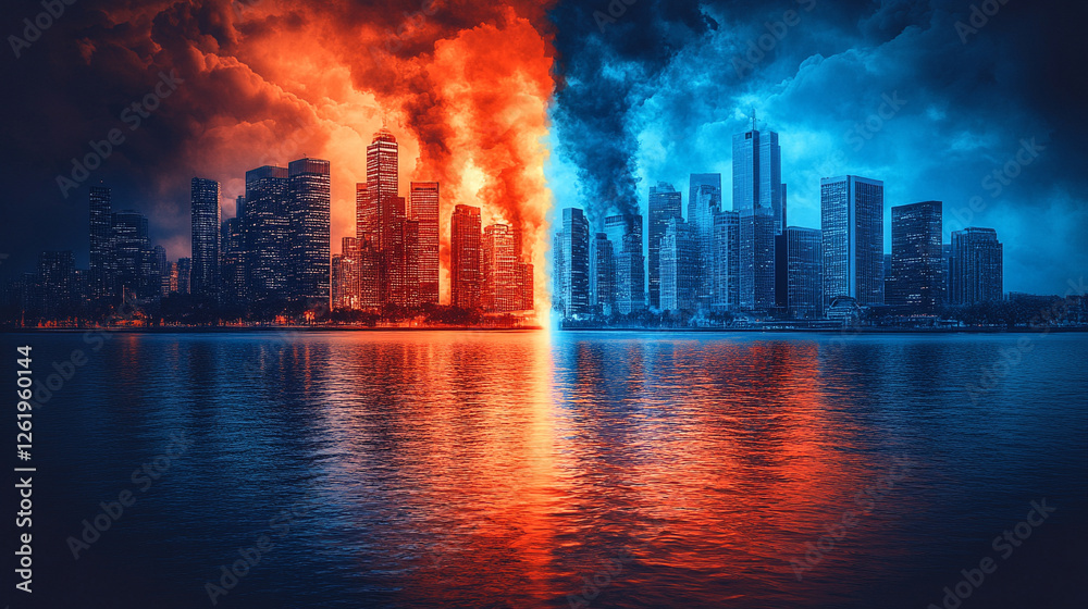 Obraz premium A scene symbolizing environmental disaster with factory smoke polluting the air, drying out and damaging the earth. The background shows a blurred, empty landscape, emphasizing the devastation.