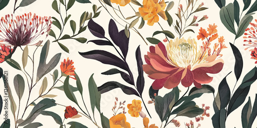 Australian flowers vector seamless repeating pattern of eucalyptus, proteas wattles leaves on a white background, Botanical print with soft pastel colors