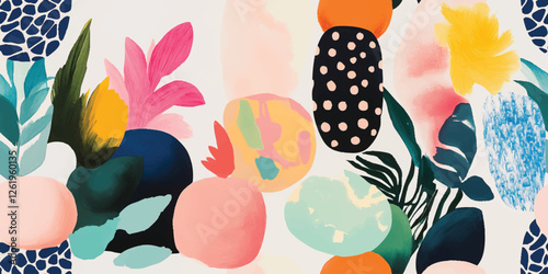 Whimsical Gouache Abstract Flower Pattern with Bold Brush Strokes and Textured Appearance on White Background