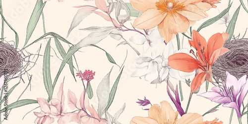 Whimsical Gouache Abstract Flower Pattern with Bold Brush Strokes and Textured Appearance on White Background