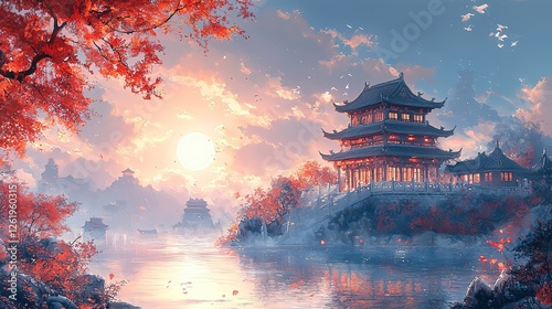 Embracing Tradition and Joy: Celebrating the Mid-Autumn Festival Serene Sunset Over Traditional Pagoda in Autumn Landscape