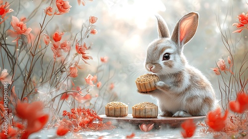 Embracing Tradition and Joy: Celebrating the Mid-Autumn Festival Cute Bunny Holding Mooncake Among Colorful Flowers