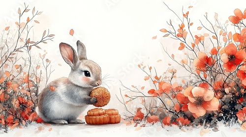 Embracing Tradition and Joy: Celebrating the Mid-Autumn Festival Adorable Bunny Enjoying Mooncake Surrounded by Flowers