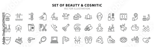 Beauty and Spa set of web icons in line style. Cosmetics services & Spa icons for web and mobile app. Spa treatments, skin care, massage, hyaluronic acid, serum, anti ageing, pore tighten, cosmetology