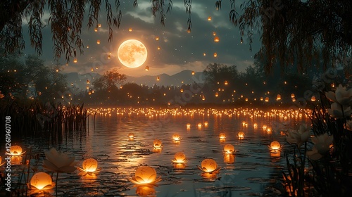 Embracing Tradition and Joy: Celebrating the Mid-Autumn Festival Tranquil Night Scene with Lanterns and Full Moon Reflection