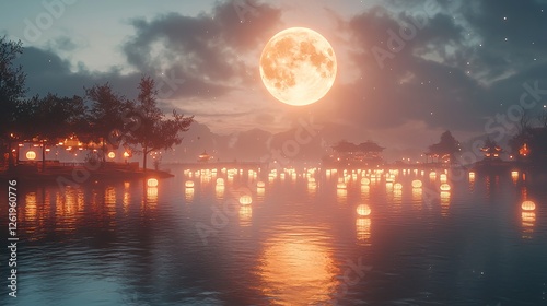 Embracing Tradition and Joy: Celebrating the Mid-Autumn Festival Serene Night by the Water with Gentle Moonlight Reflection