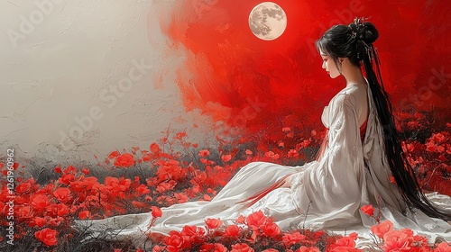 Embracing Tradition and Joy: Celebrating the Mid-Autumn Festival Serene Woman in White Dress Surrounded by Red Flowers