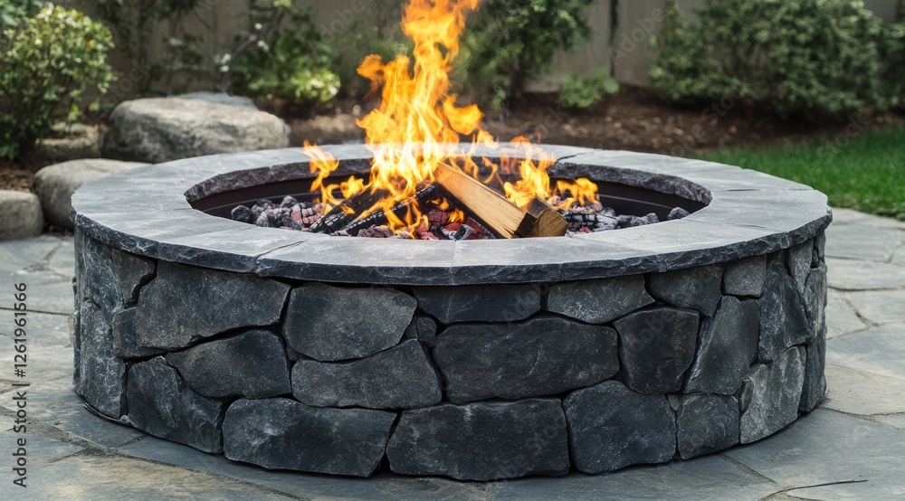 Fire pit with burning wood and flames on a stone background, outdoors in a backyard or garden Fire pit with burning wood and flames on a stone background, outdoors in a backyard or garden