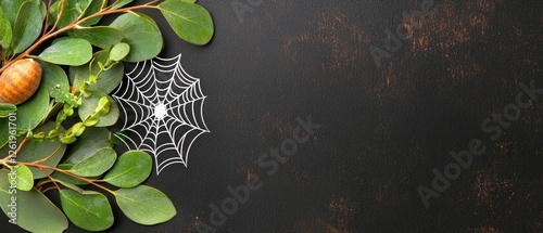 Snail Among Green Leaves and Spiderweb on Dark Background