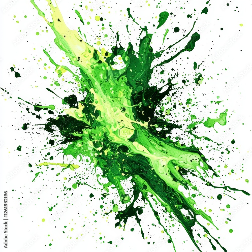 Naklejka premium Dynamic Green Splash of Liquid Paint with Vivid Drapes and Energetic Movement on a White Background