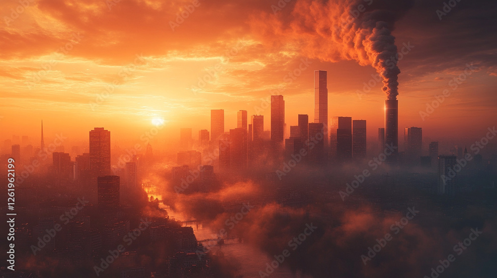 A scene symbolizing environmental disaster with factory smoke polluting the air, drying out and damaging the earth. The background shows a blurred, empty landscape, emphasizing the devastation.
A scene symbolizing environmental disaster with factory smoke polluting the air, drying out and damaging the earth. The background shows a blurred, empty landscape, emphasizing the devastation.