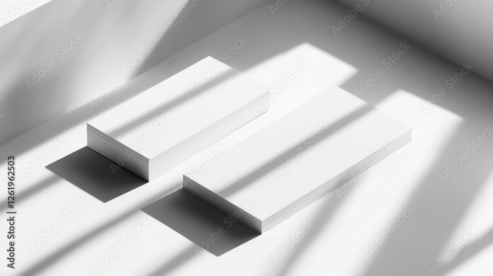 White Minimalist Mockup: Two Stacks of Blank Business Cards in Sunlight Shadows White Minimalist Mockup: Two Stacks of Blank Business Cards in Sunlight Shadows