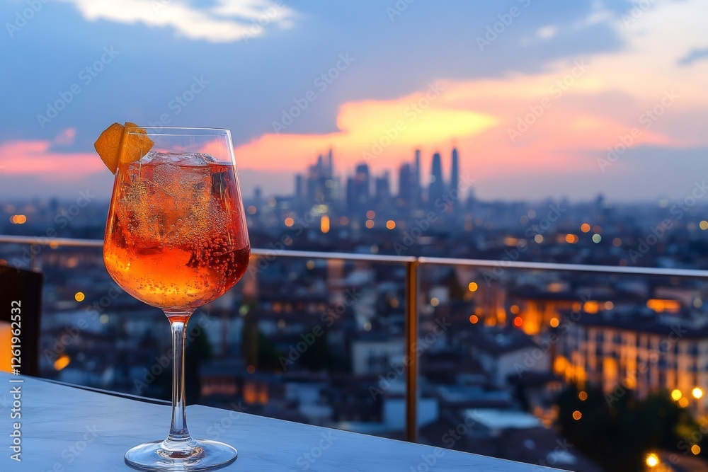 Obraz premium Refreshing aperitivo overlooking Milan skyline at sunset