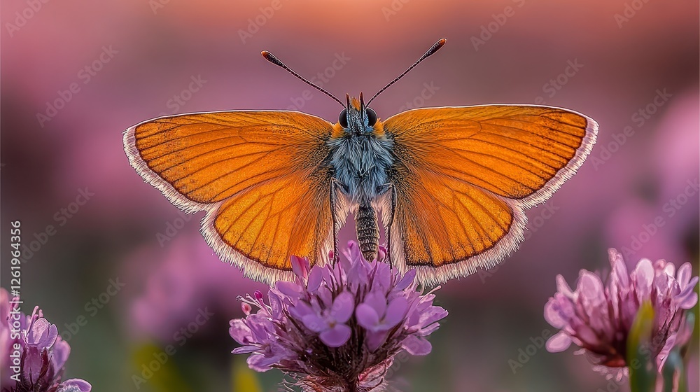 Orange butterfly on purple flower sunset field nature Orange butterfly on purple flower sunset field nature