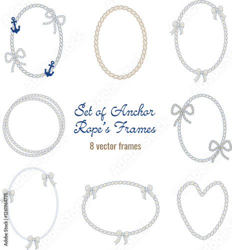 Vector Anchor rope's frames flat collection. Cute rope's bows trendy illustration in retro vintage style for wedding invitations, greeting cards, banners, flyers and other templates.
