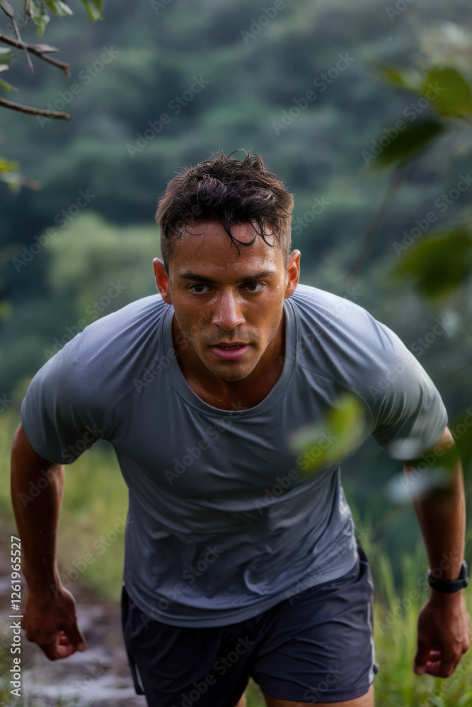 Man running on a trail in the early morning to stay fit