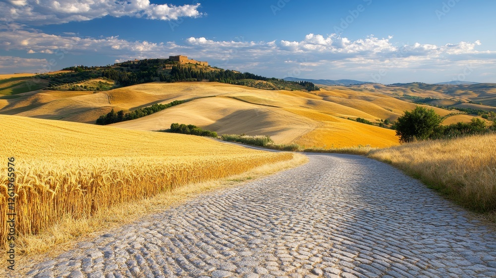 Fototapeta premium Cobblestone Road Through Golden Wheat Fields and Rolling Hills Under a Sunny Sky