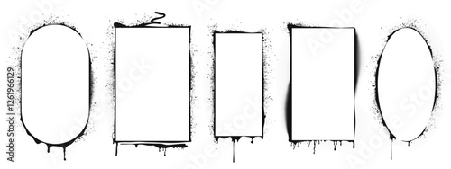 Black paint stencils set isolated on white background. Vector realistic illustration of rectangular, oval ink borders, airbrush silhouette, grungy street art frames with color drips