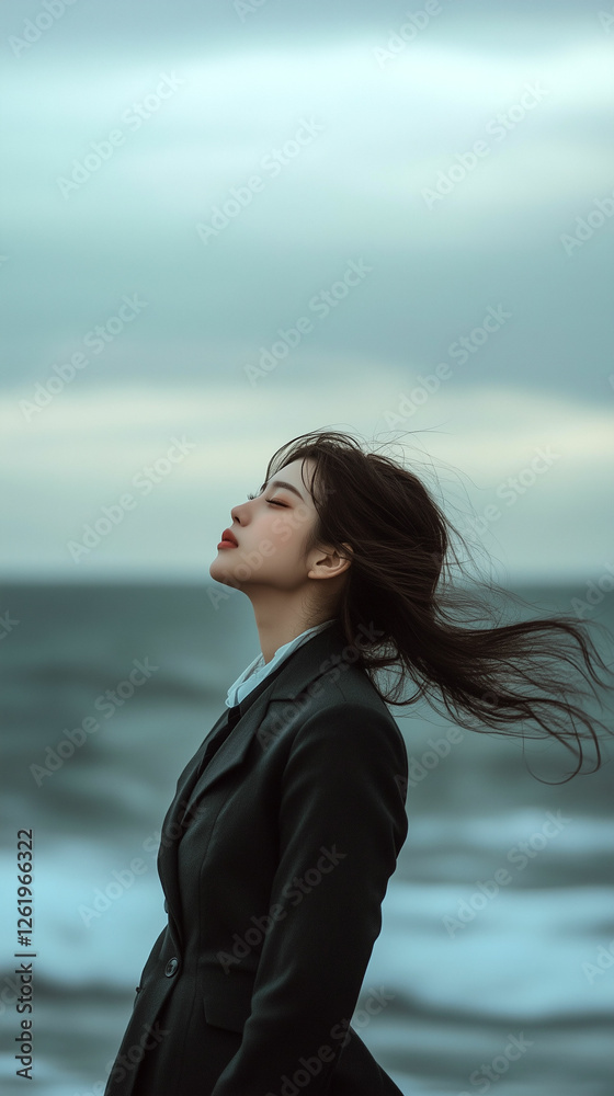 Woman in graduation attire standing by the sea with windswept hair, embracing a moment of reflection at dusk Woman in graduation attire standing by the sea with windswept hair, embracing a moment of reflection at dusk