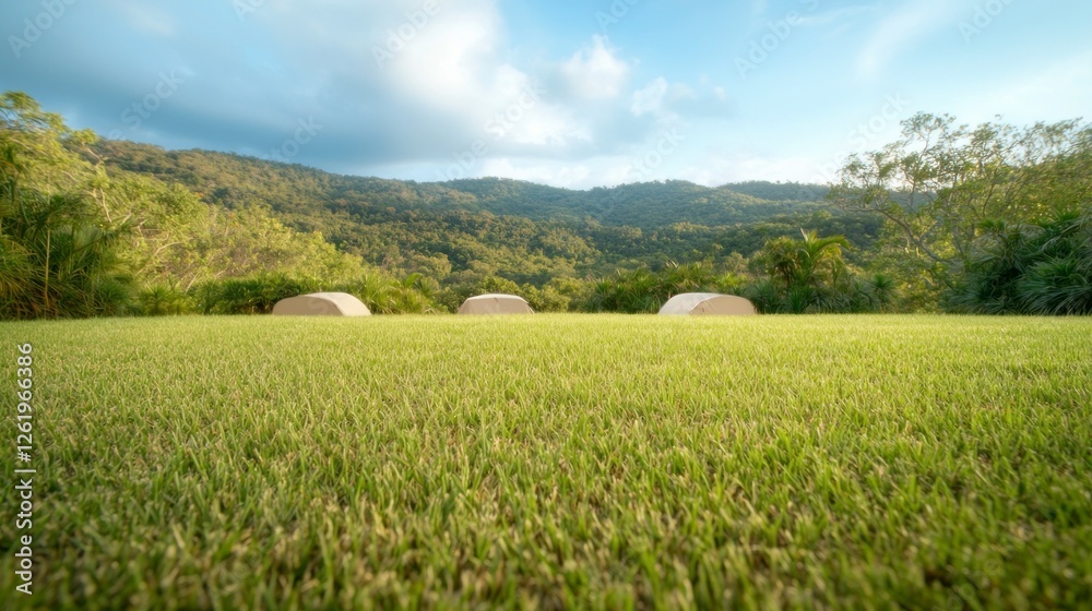 Three Beige Tents on Lush Green Field with Mountain Background