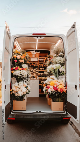 Wallpaper Mural mobile flower shop van filled with vibrant flowers and greenery, showcasing variety of colorful blooms in organized boxes. This charming setup brings joy and beauty to any location Torontodigital.ca