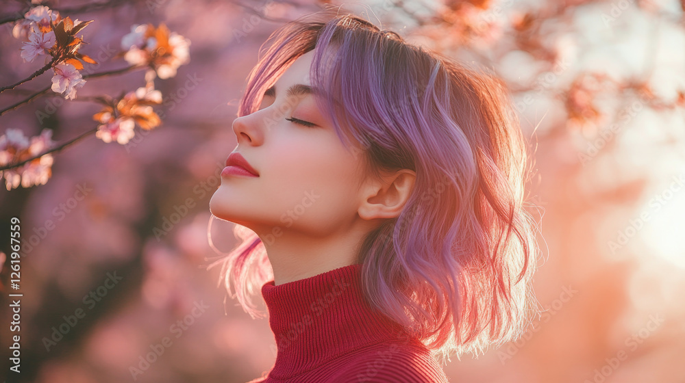 Fototapeta premium Purple hair woman in red ribbed necks closed eyes enjoy fresh air in park with cherry blossom