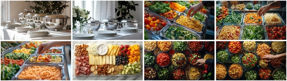 Colorful Food Buffet Display with Fresh Vegetables, Cheese and Fruit Platters Colorful Food Buffet Display with Fresh Vegetables, Cheese and Fruit Platters