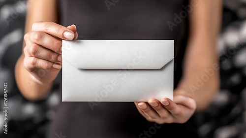 Woman holding a plain white envelope in front of a blurred patterned background photo