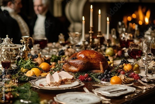 Extravagant holiday feast featuring roasted turkey and elegant tableware